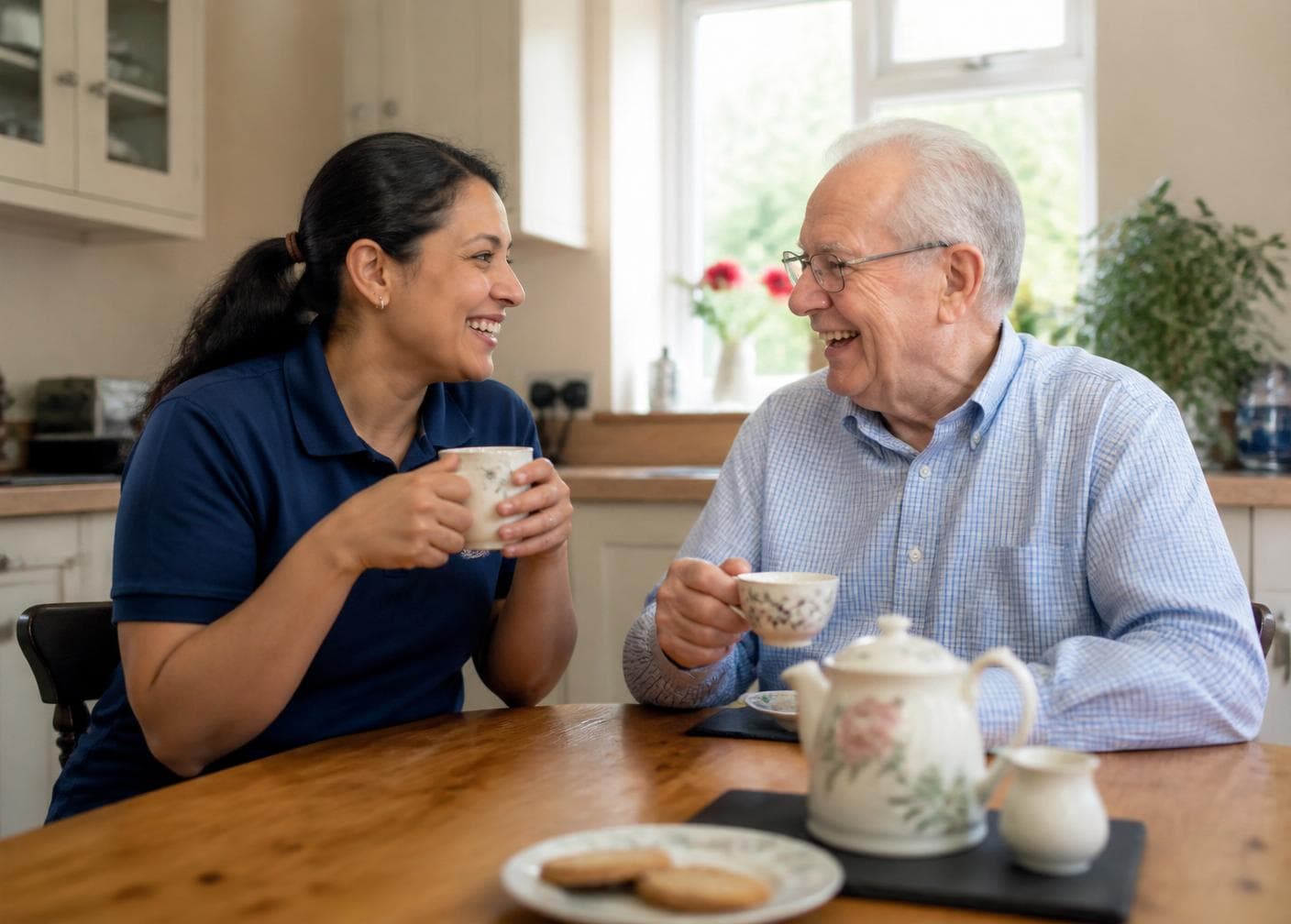 Caregiver and senior man sharing tea and conversation at home