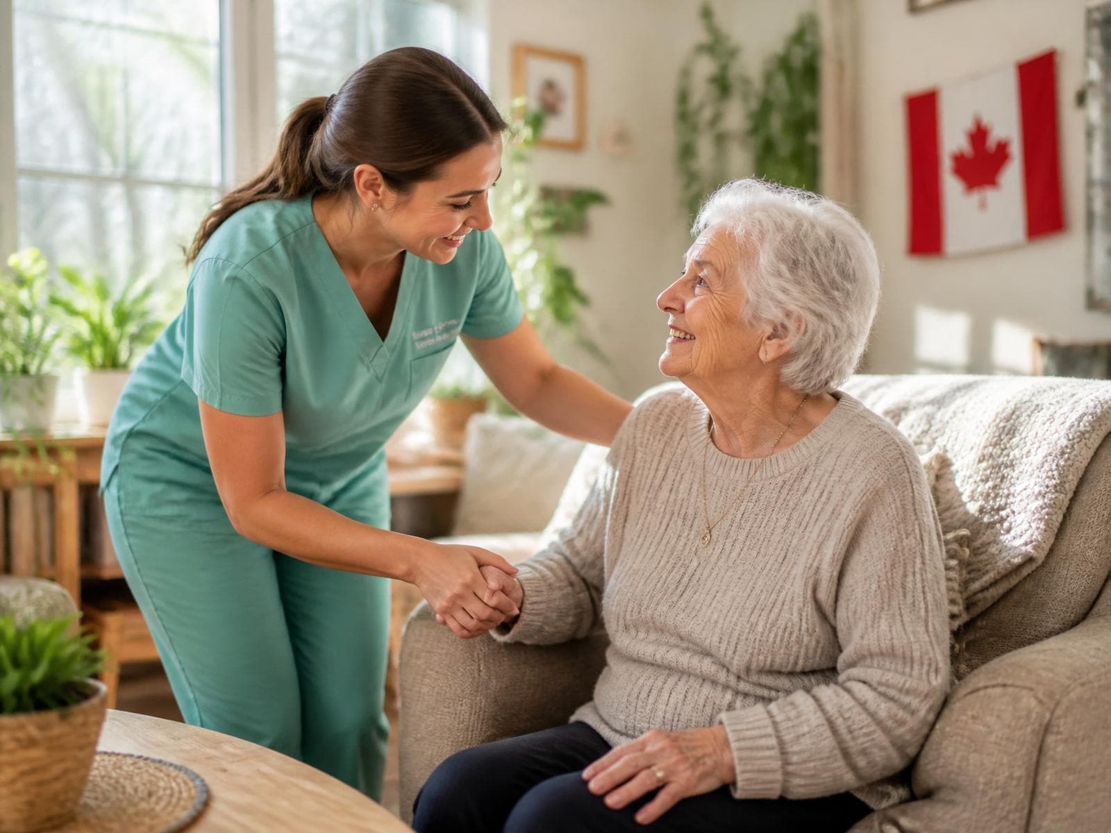 Professional caregiver assisting a smiling elderly woman in a bright living room